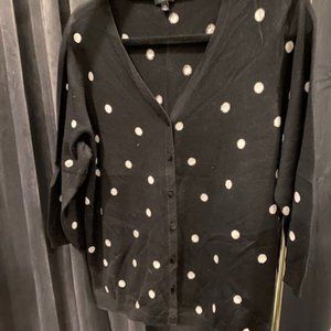 Talbots Womens Cardigan Sweater Black with White Poka Dots 1X